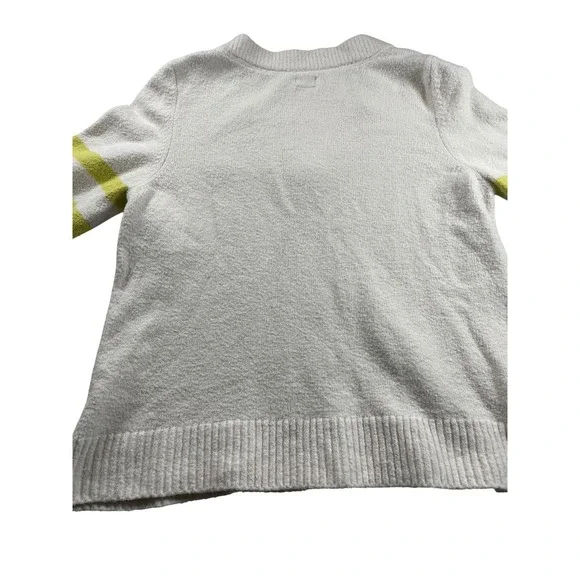 Faherty V Neck Fuzzy Knit Sweater White Neon Green Stripe Accent Size L - Picture 5 of 7